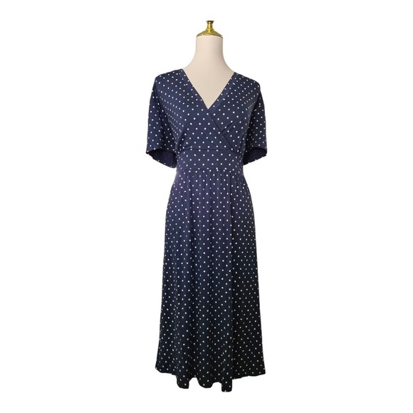 L.L. Bean Dresses & Skirts - L.L. Bean Dress Faux Wrap‎ Knit Short Sleeve Polka Dot Coastal M